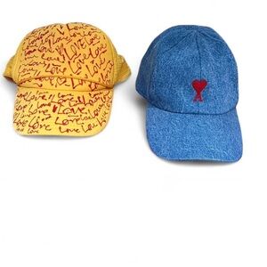 AMI Paris Ami de Coeur denim baseball cap yellow cap with a "love" print